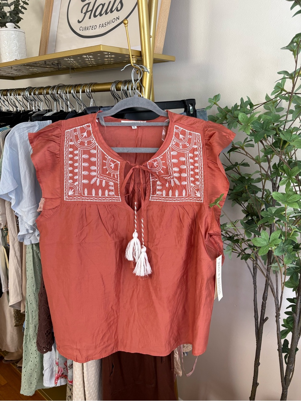 june & hudson Rust Embroidered Tassel Tie Blouse